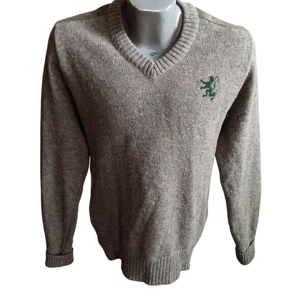 Men's Medium Glenhusky Scotland V-Neck Wool Sweater Suede Shoulder Elbow Patch - Picture 1 of 12